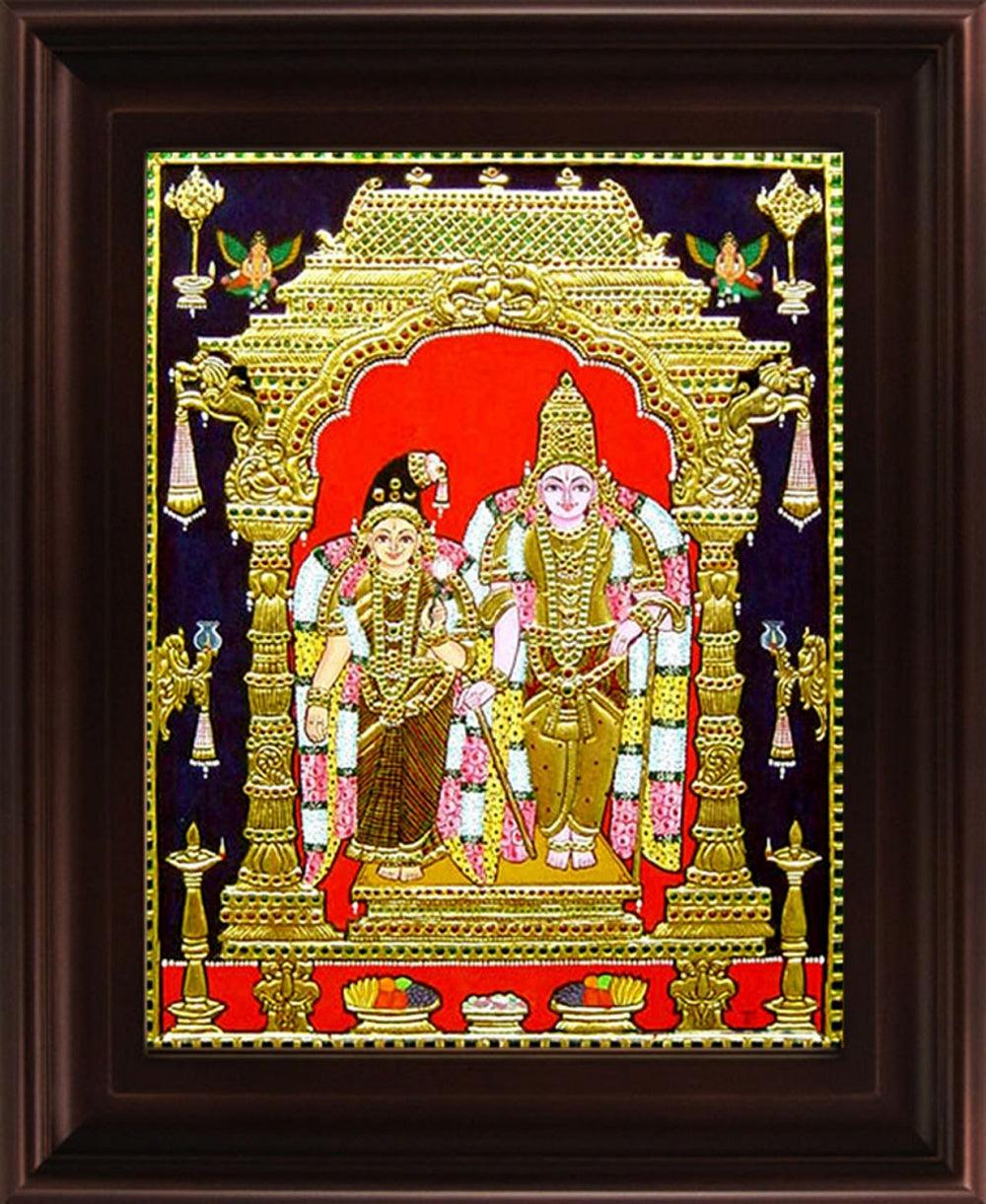 Religious tanjore traditional art titled 'Vishnu Andal Tanjore Painting', 24x18 inches, by artist Myangadi Tanjore on Plywood