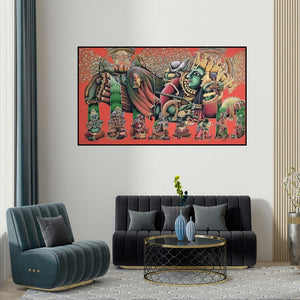 Jitendra Dangi's 'Vishnu Jhula (Ananta Shayana: The Cosmic Slumber of Vishnu)' painting visualized above a sofa in a contemporary room.