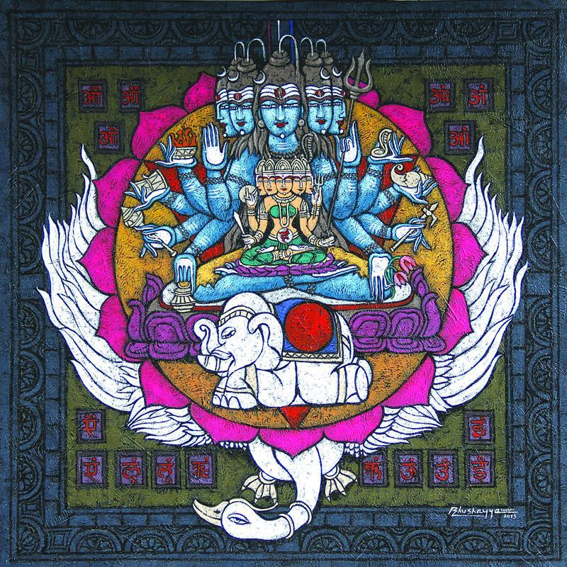 Religious mixed media titled 'Vishuddha Chakra Copy', 36x36 inches, by artist Kunuu Bhushayya on Canvas