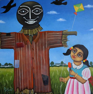 Visit To Village by Piyali Sarkar, Original Acrylic Figurative Painting on Canvas, Small Square Wall Art