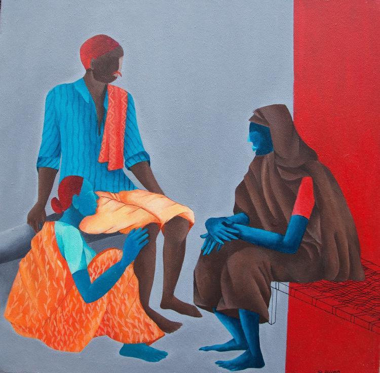 Figurative acrylic painting titled 'Visitor', 18x18 inches, by artist Abhiram Bairu on Canvas