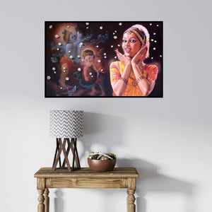 In-situ view of Rajeev M Y's 'Vismaya' painting in a room