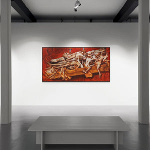 In-situ view of Bhavesh Patel's 'Visthapna (The Machinery of Despair)' painting in a room