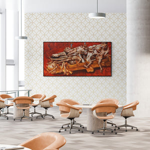 Bhavesh Patel's painting 'Visthapna (The Machinery of Despair)' displayed in a modern living room setting