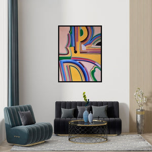 Preview of 'Visual Subversion Series 2 (Chromatic Convergence)' Painting by Amit Kalla shown on a wall in a furnished room.