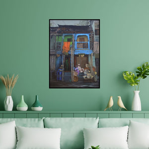 Preview of 'Vital Support' Painting by Pramod Jagtap shown on a wall in a furnished room.