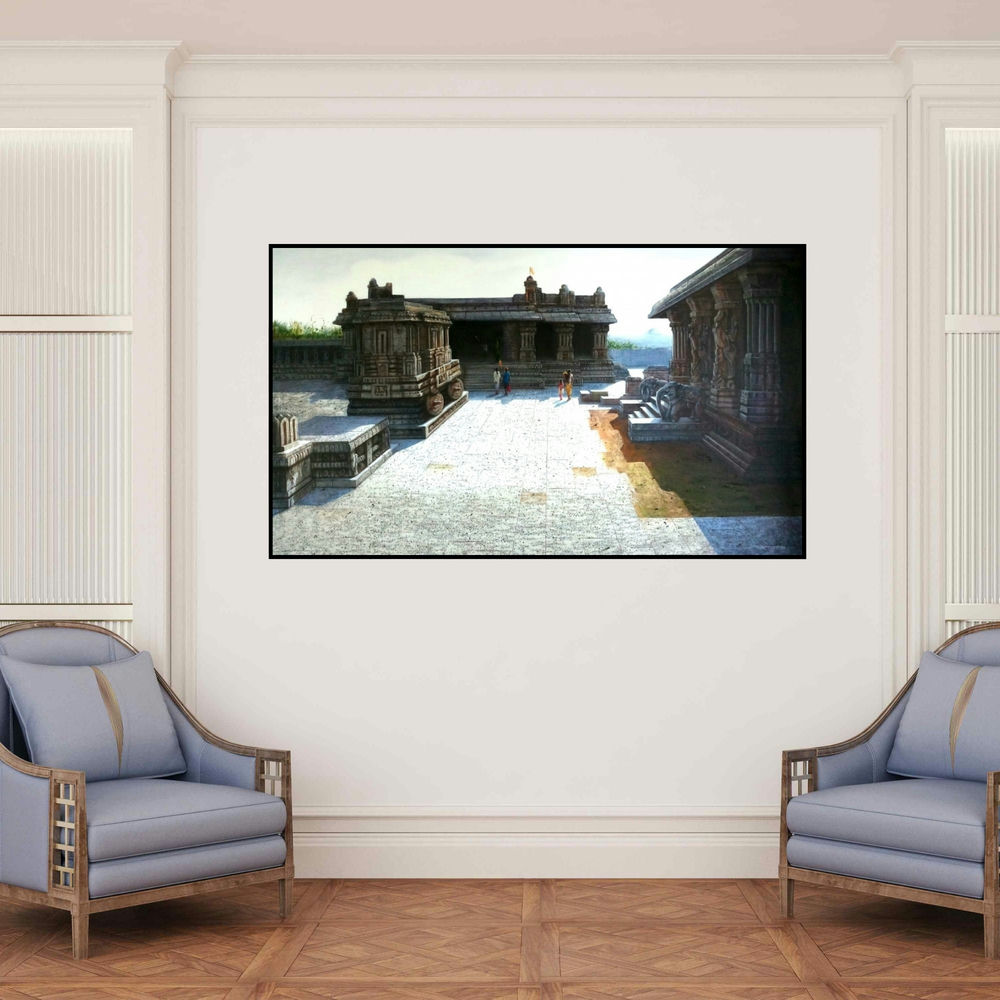 'Vitthala Temple Hampi 2 (Hampi Temple Scene)' painting by Pravin Pasare shown on a wall in a furnished room.