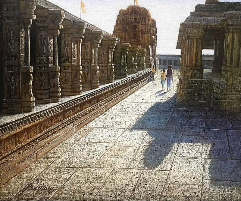 Religious oil painting titled 'Vitthala Temple Hampi 54', 15x18 inches, by artist Pravin Pasare on Canvas