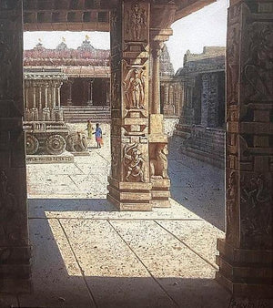 Vitthala Temple Hampi 55 (Lepakshi Temple Pillars) by Pravin Pasare, Original Oil Religious Painting on Canvas, Small Vertical Wall Art