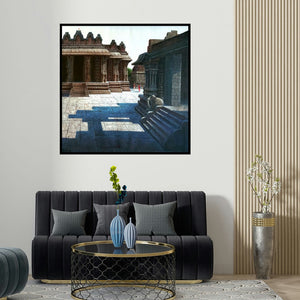 Pravin Pasare's 'Vitthala Temple Hampi (Hampi Temple with Elephant Sculpture)' painting visualized above a sofa in a contemporary room.