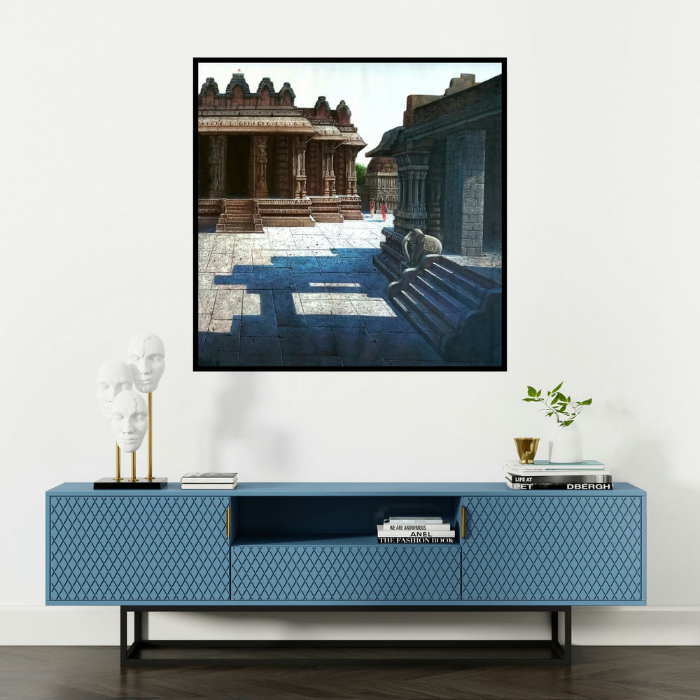 'Vitthala Temple Hampi (Hampi Temple with Elephant Sculpture)' painting by Pravin Pasare shown on a wall in a furnished room.