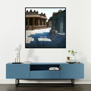 'Vitthala Temple Hampi (Hampi Temple with Elephant Sculpture)' painting by Pravin Pasare shown on a wall in a furnished room.