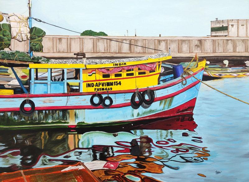 Seascape acrylic painting titled 'Vizag Harbour 1', 36x48 inches, by artist Shiva Prasad Reddy on Canvas