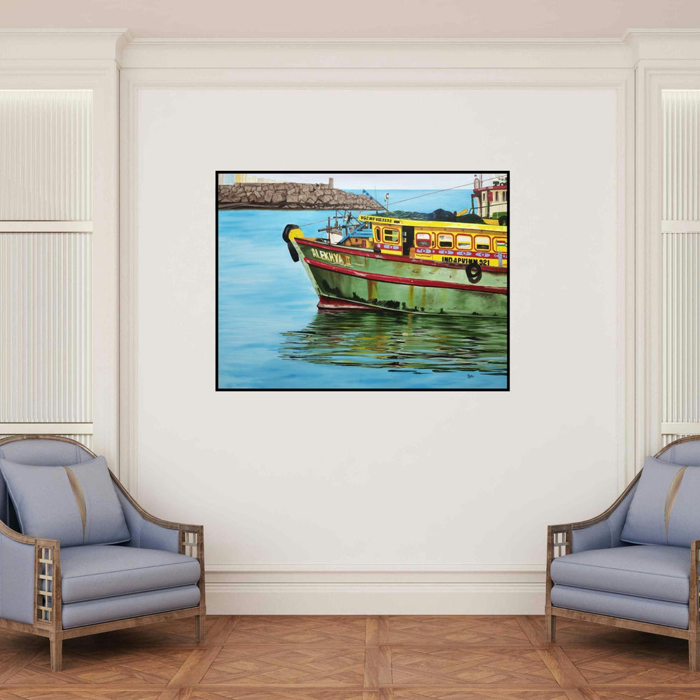 'Vizag Harbour 2' painting by Shiva Prasad Reddy shown on a wall in a furnished room.
