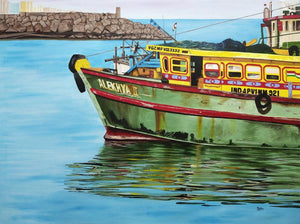 Seascape acrylic painting titled 'Vizag Harbour 2', 36x48 inches, by artist Shiva Prasad Reddy on Canvas