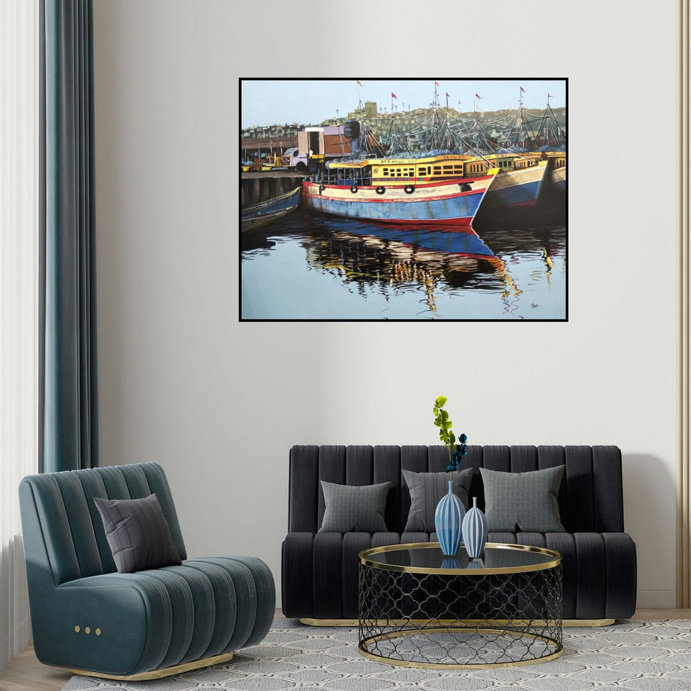 'Vizag Harbour' painting by Shiva Prasad Reddy shown on a wall in a furnished room.