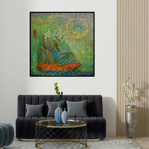 Poonam Agarwal's 'The Voyage' painting visualized above a sofa in a contemporary room.