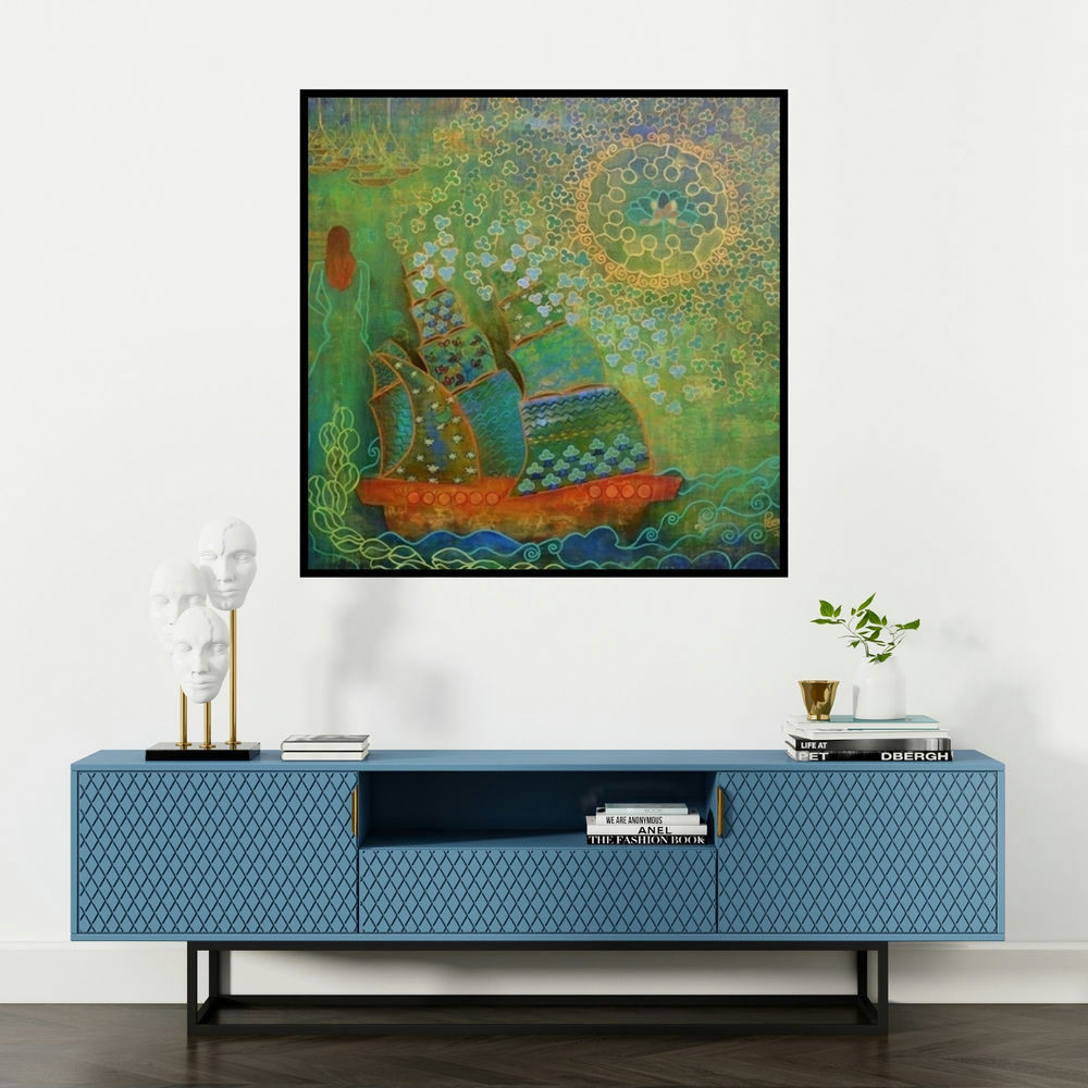 'The Voyage' painting by Poonam Agarwal shown on a wall in a furnished room.
