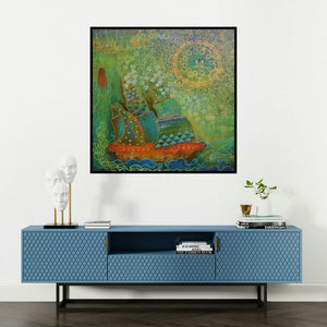 'The Voyage' painting by Poonam Agarwal shown on a wall in a furnished room.