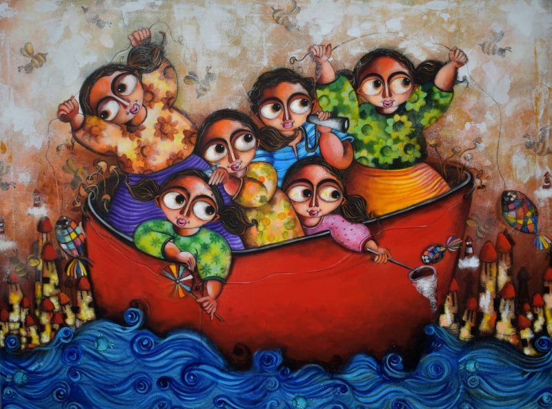 Voyage Of Dreams' figurative acrylic painting by artist Sharmi Dey, 36x48 inch, on canvas