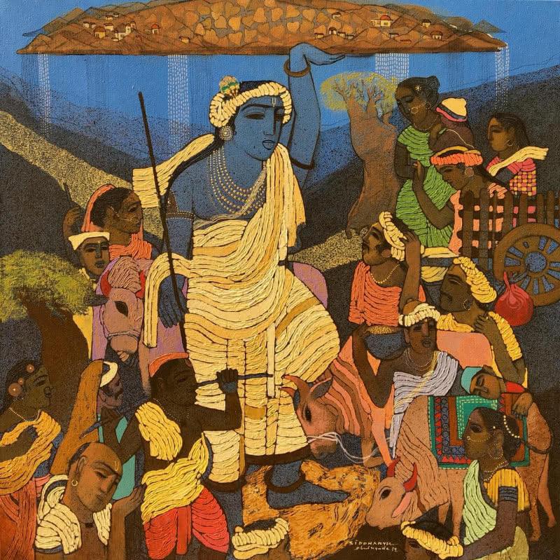 Religious acrylic painting titled 'Vrindavan 2', 30x30 inches, by artist Siddharth Shingade on Canvas