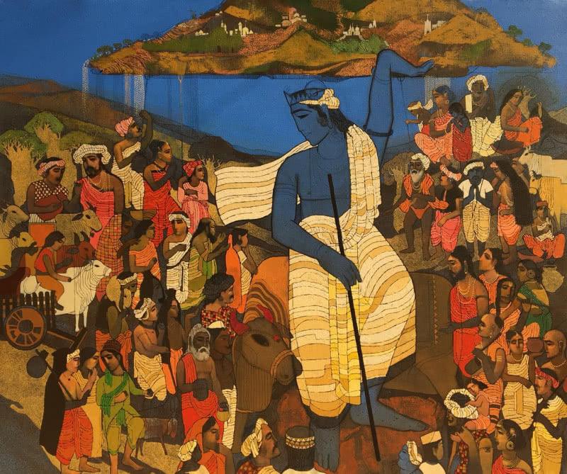 Religious acrylic painting titled 'Vrindavan 3', 60x72 inches, by artist Siddharth Shingade on Canvas