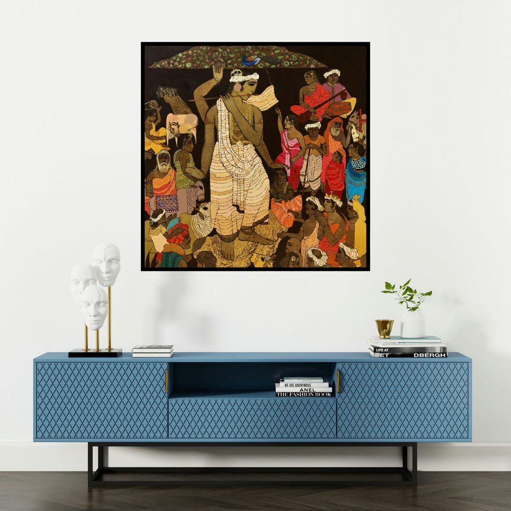 'Vrindavan 4 (Krishna with Villagers)' painting by Siddharth Shingade shown on a wall in a furnished room.