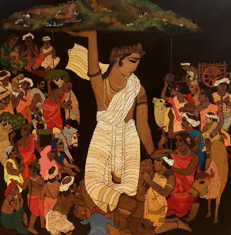 Religious acrylic painting titled 'Vrindavan 4', 48x48 inches, by artist Siddharth Shingade on Canvas