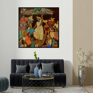 Siddharth Shingade's 'Vrindavan 5 (Royal Journey)' painting visualized above a sofa in a contemporary room.