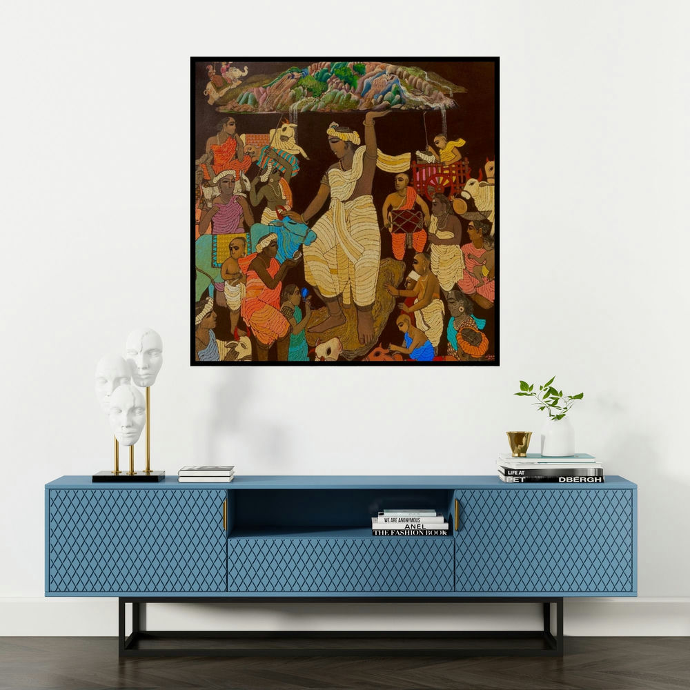 'Vrindavan 5 (Royal Journey)' painting by Siddharth Shingade shown on a wall in a furnished room.