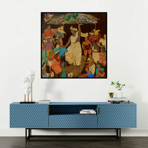 'Vrindavan 5 (Royal Journey)' painting by Siddharth Shingade shown on a wall in a furnished room.