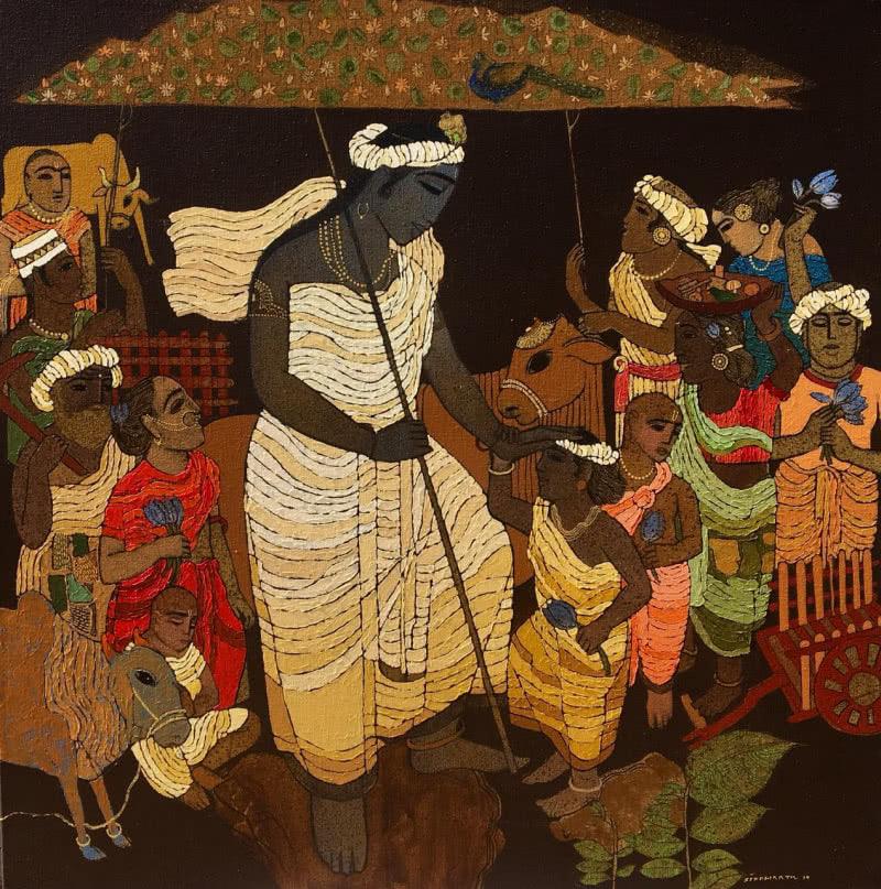 Religious acrylic painting titled 'Vrindavan 5', 30x30 inches, by artist Siddharth Shingade on Canvas