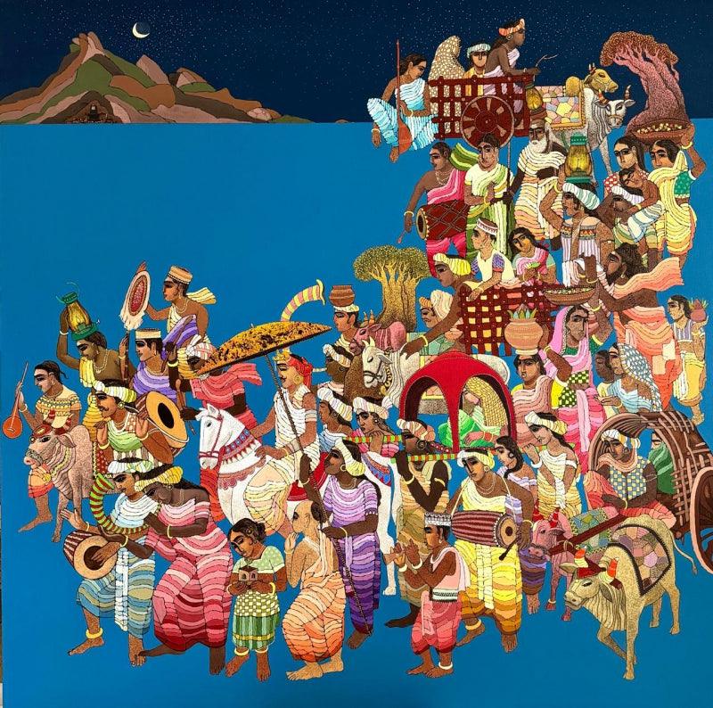 Figurative acrylic painting titled 'Vrindavan', 48x48 inch, by artist Siddharth Shingade on Canvas