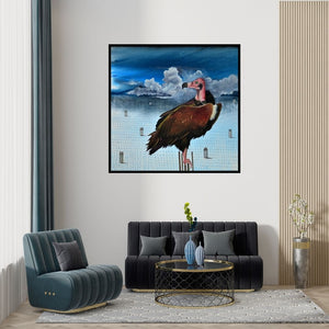 Preview of 'Vulture (The Scavenger)' Painting by Ashish Kushwaha shown on a wall in a furnished room.