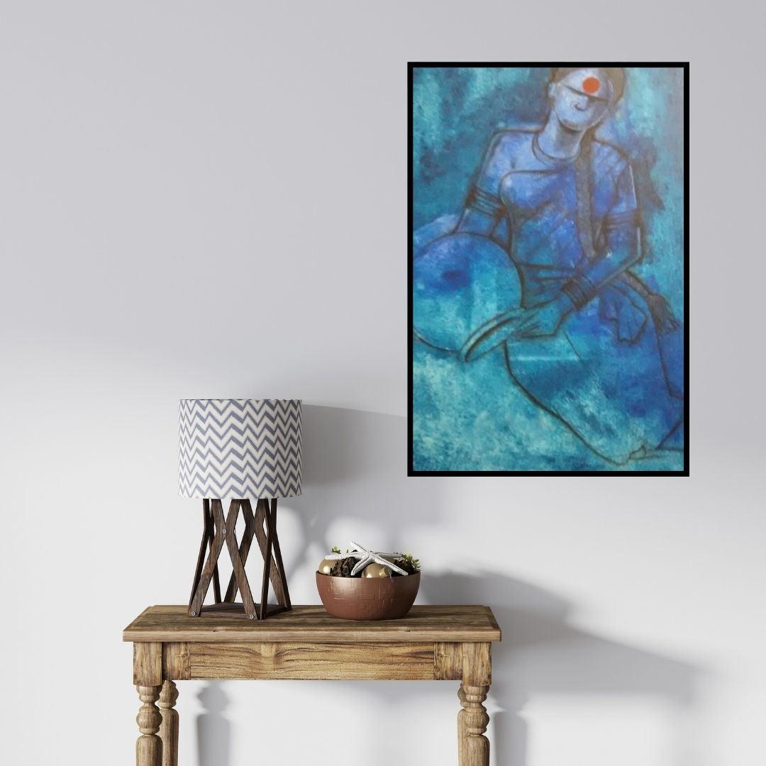 In-situ view of Janaki Injety's 'Waiting' painting in a room