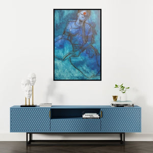 Preview of 'Waiting' Painting by Janaki Injety shown on a wall in a furnished room.