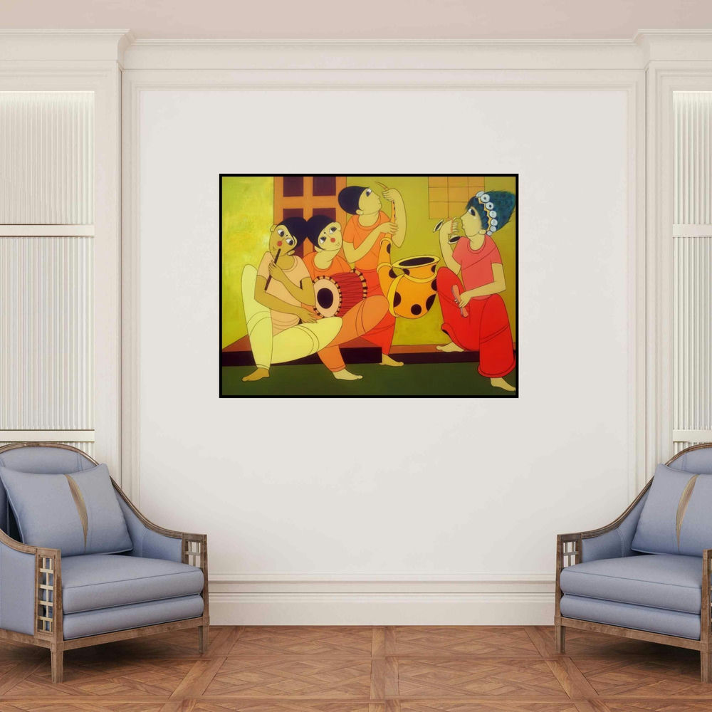 'Waiting' painting by Dnyaneshwar Bembade shown on a wall in a furnished room.
