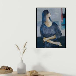 Mihir Kayal's 'Waiting (The Cosmic Twins)' painting visualized above a sofa in a contemporary room.