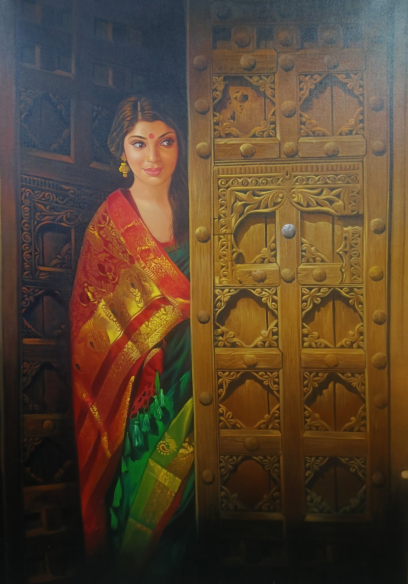 'Waiting' figurative oil painting by artist Kamal Rao, 42x32 inch, on canvas