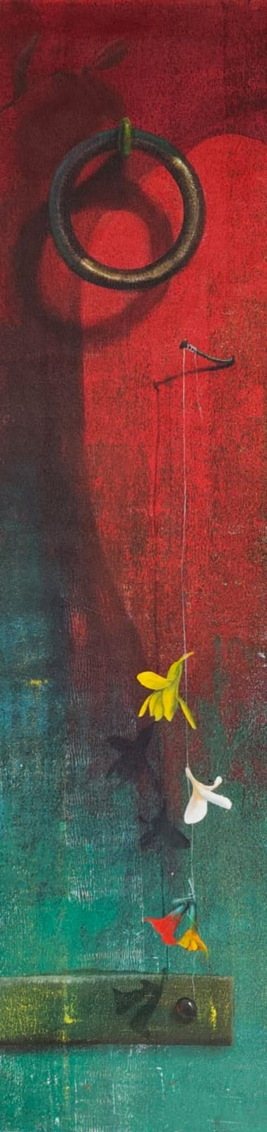 'The Waiting Door' still-life acrylic painting by artist Gopal Pardeshi, 58x15 inch, on canvas