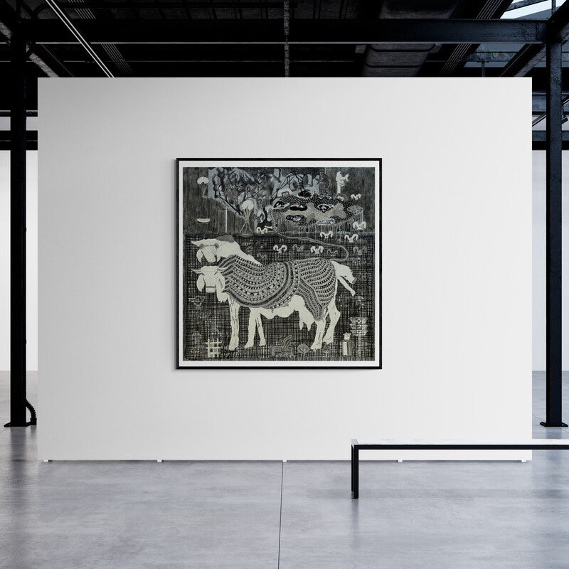 In-situ view of Supriy Sharma's 'Waiting For Judgement 3 (The Guarded Secret)' painting in a room