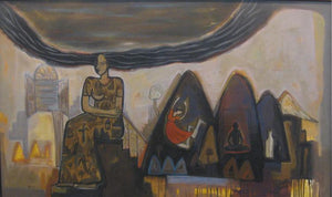 Waiting Outside (Contemplation by the Shore) by Arpita Chandra, Original Canvas Figurative Painting on Canvas, Large Horizontal Wall Art
