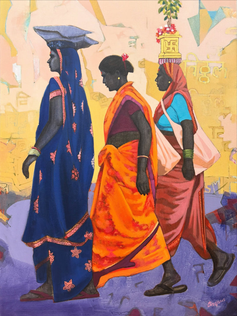 'Walk Of Tradition' figurative acrylic painting by artist Navnath Kshirsagar, 42x36 inch, on canvas