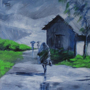 Walking In The Rain I by Mopasang Valath, Print Acrylic Scenic Painting on Canvas, X-Small Square Wall Art