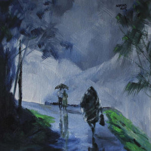 Walking In the Rain II by Mopasang Valath, Print Acrylic Scenic Painting on Canvas, X-Small Square Wall Art