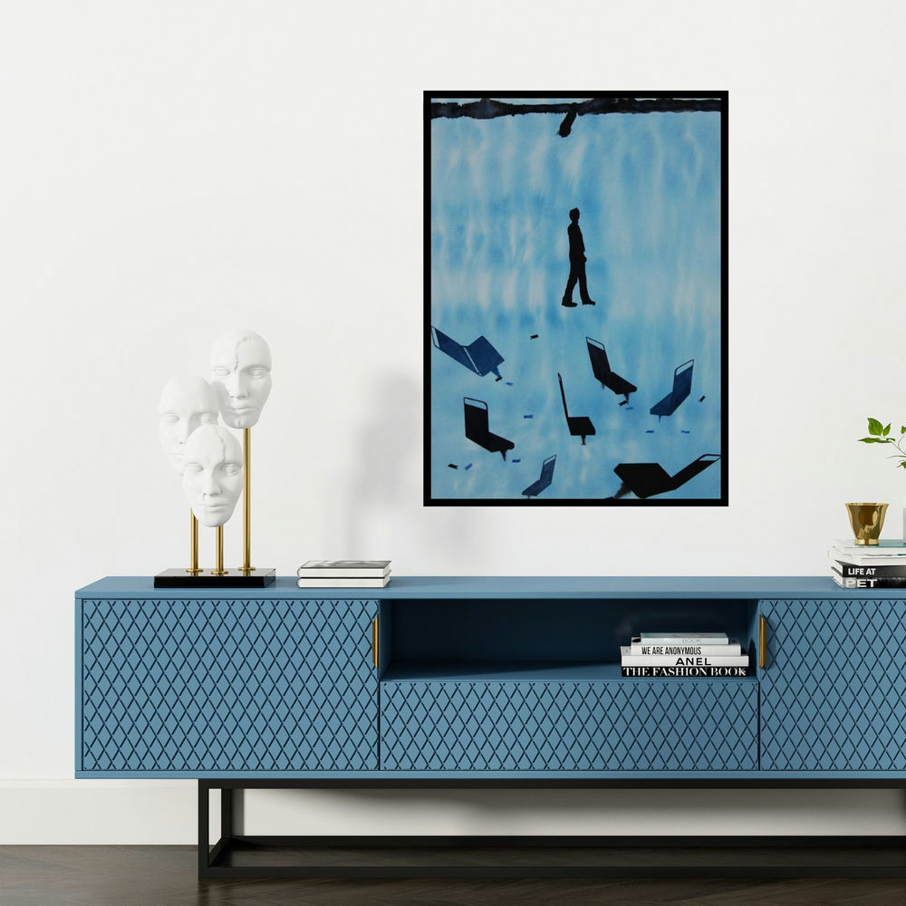 'Walking (Urban Journey: A Figurative Composition)' painting by Manish Sutar shown on a wall in a furnished room.