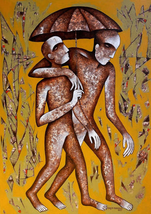 Walking Towards Dreams (Under One Umbrella) by Ranjith Raghupathy, Original Acrylic Figurative Painting on Canvas, Medium Vertical Wall Art