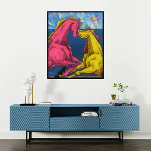 Dinkar Jadhav's 'Waltzing In Dream 5' painting visualized above a sofa in a contemporary room.