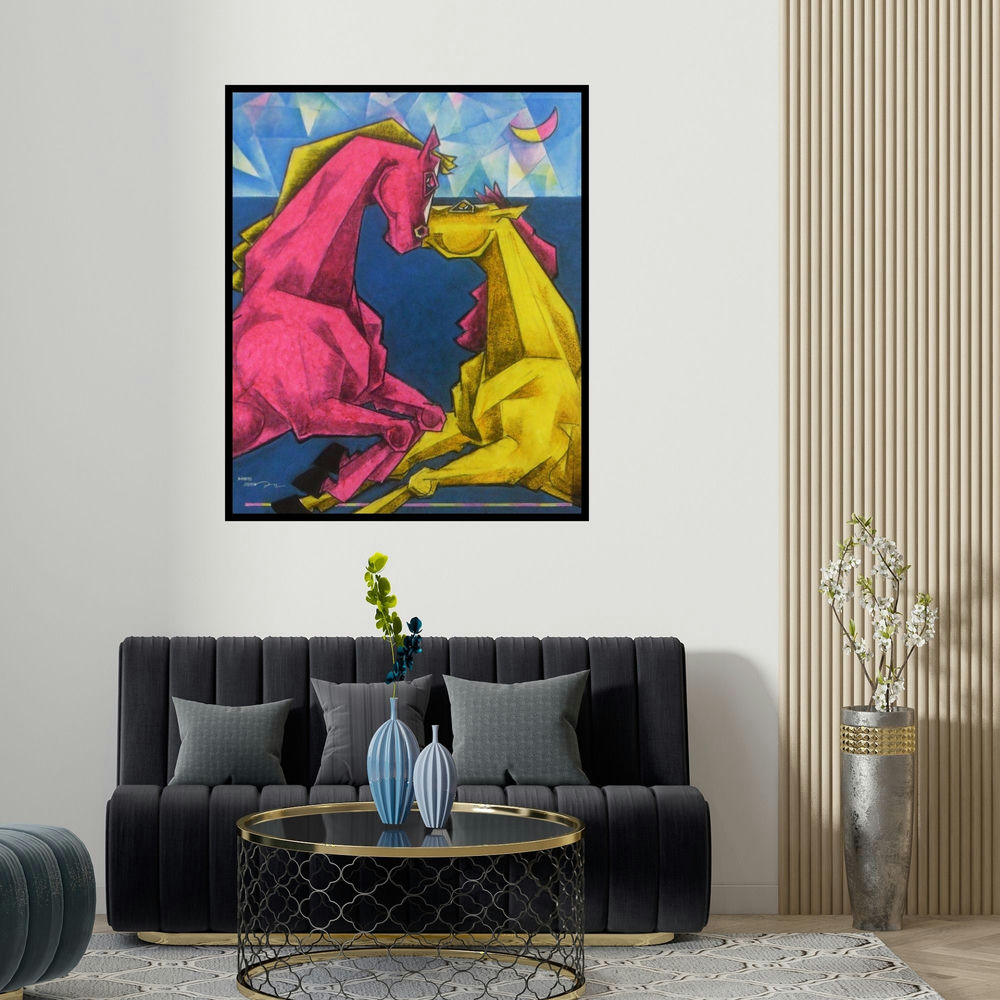 'Waltzing In Dream 5' painting by Dinkar Jadhav shown on a wall in a furnished room.