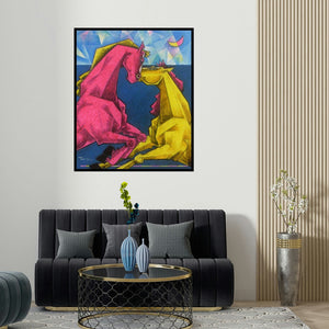 'Waltzing In Dream 5' painting by Dinkar Jadhav shown on a wall in a furnished room.